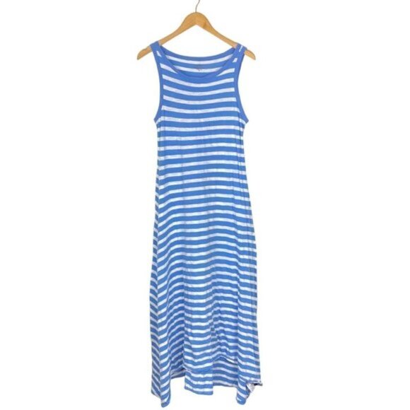 J Crew Blue White Stripped Vintage Cotton Boat Neck T Shirt Maxi Dress US M - Picture 2 of 8